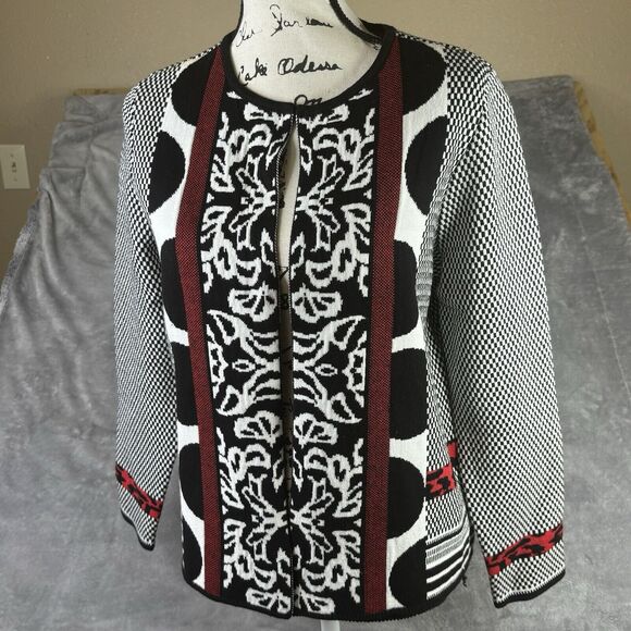 CHICOS Sweater Women 1 Medium Open Long Cardigan Natasha Mixed Pattern Red Black - Picture 1 of 15